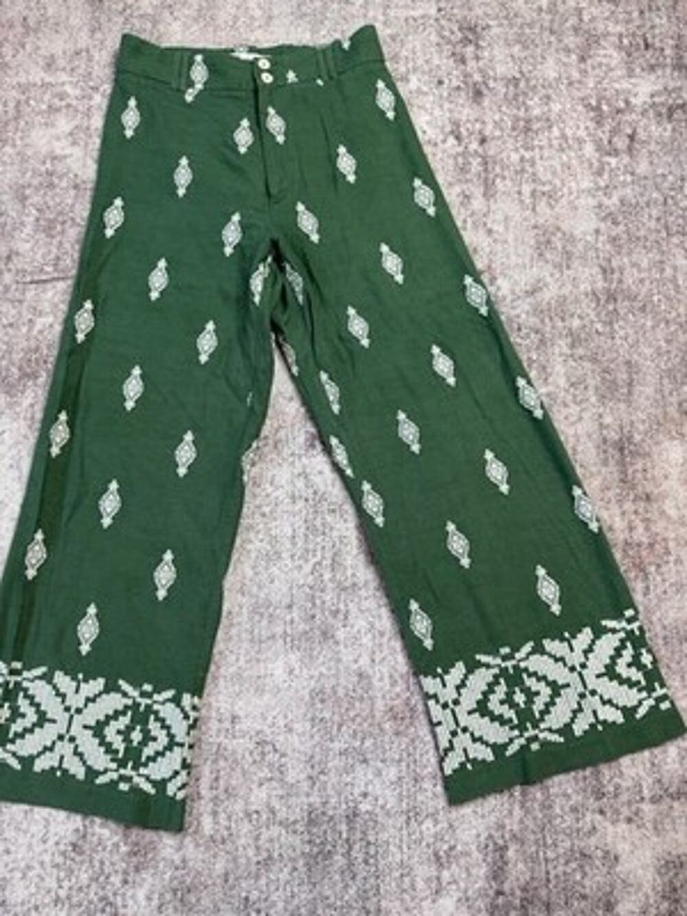 ZARA Embroidered Linen Blend Culottes Trousers Green Wide Leg Cropped Pants Boho